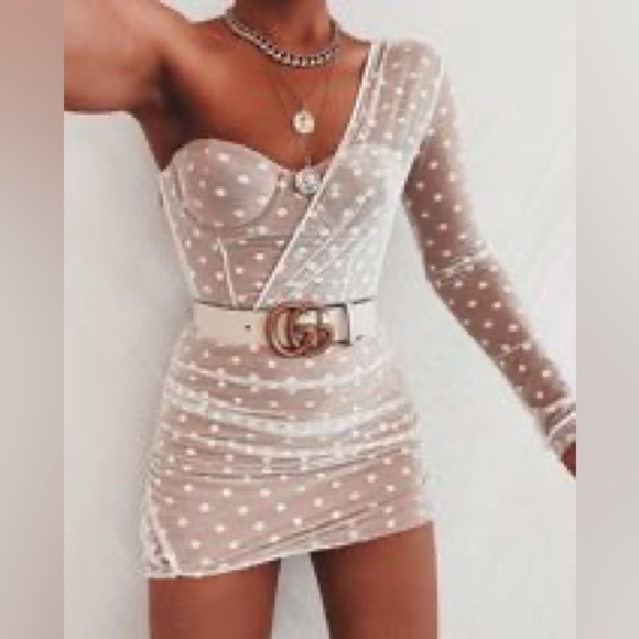 White Fox Fusion Sour One Shoulder White Mesh Polka Dot Mini Dress Ruched Sz - Picture 11 of 11